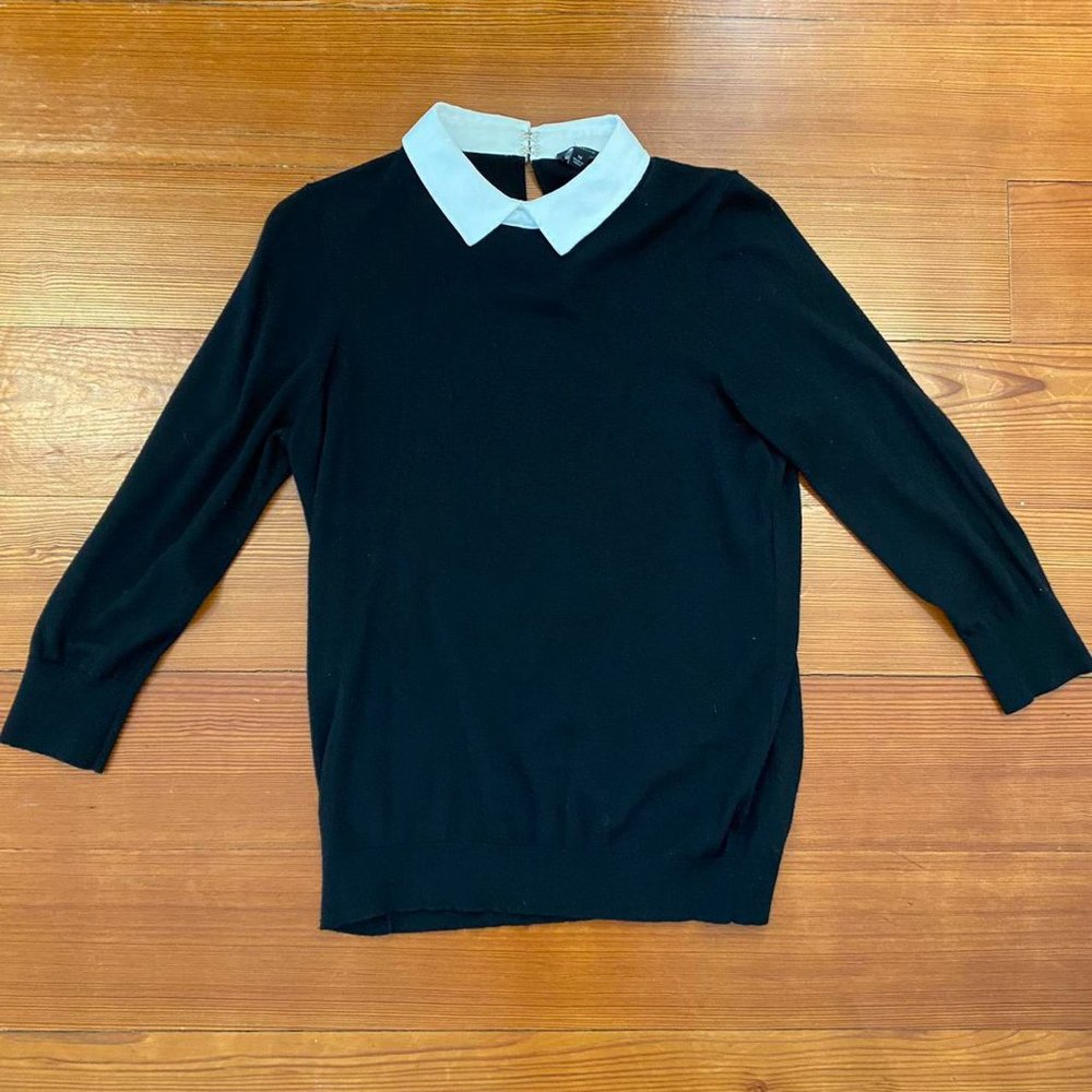 ANN TAYLOR black blouse with white collar long sleeve autumn dark academia vibes